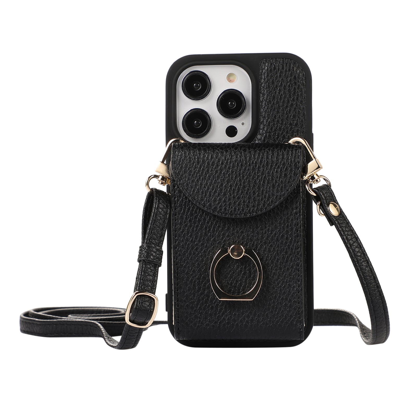 For iPhone 14 Pro Ring Kickstand Phone Case Accordion Style Card Slots Leather Coated TPU Cover with Shoulder Strap For iPhone 14 Pro Ring Kickstand Phone Case Accordion Style Card Slots Leather Coated TPU Cover with Shoulder Strap